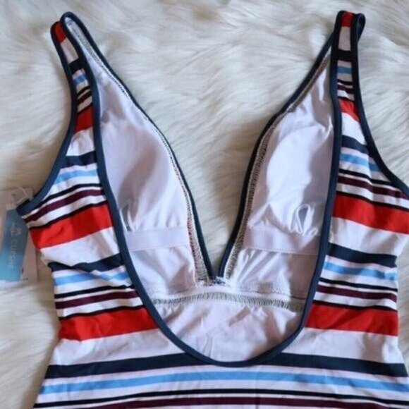 NWT Stripe Print One Piece Bathing Suit Size Large White Orange Blue Swimsuit - Picture 7 of 11